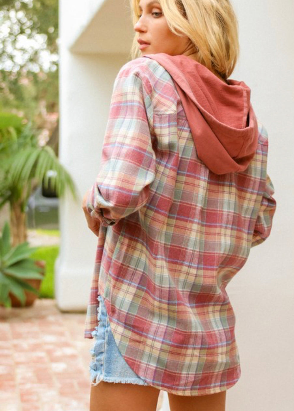 Terry Hoodie Plaid Button Down Vintage Red