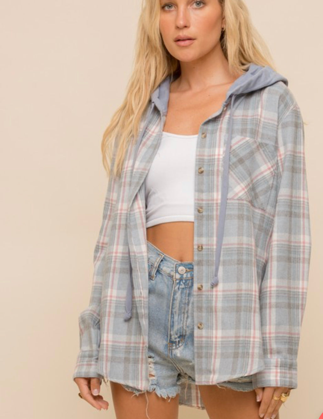 Terry Hoodie Plaid Button Down Dusty Blue