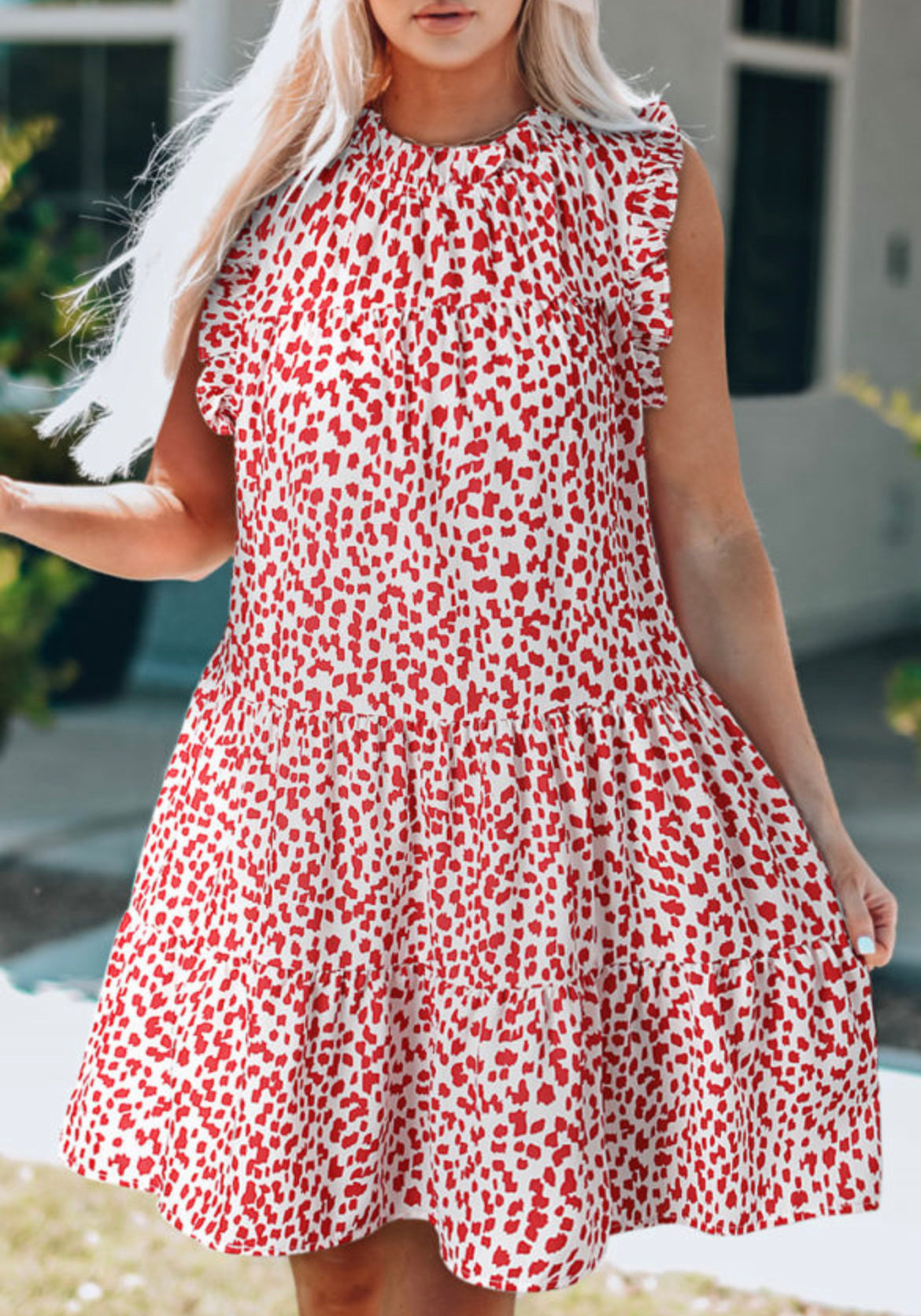 Red Leopard Ruffled Tiered Sleeveless Dress