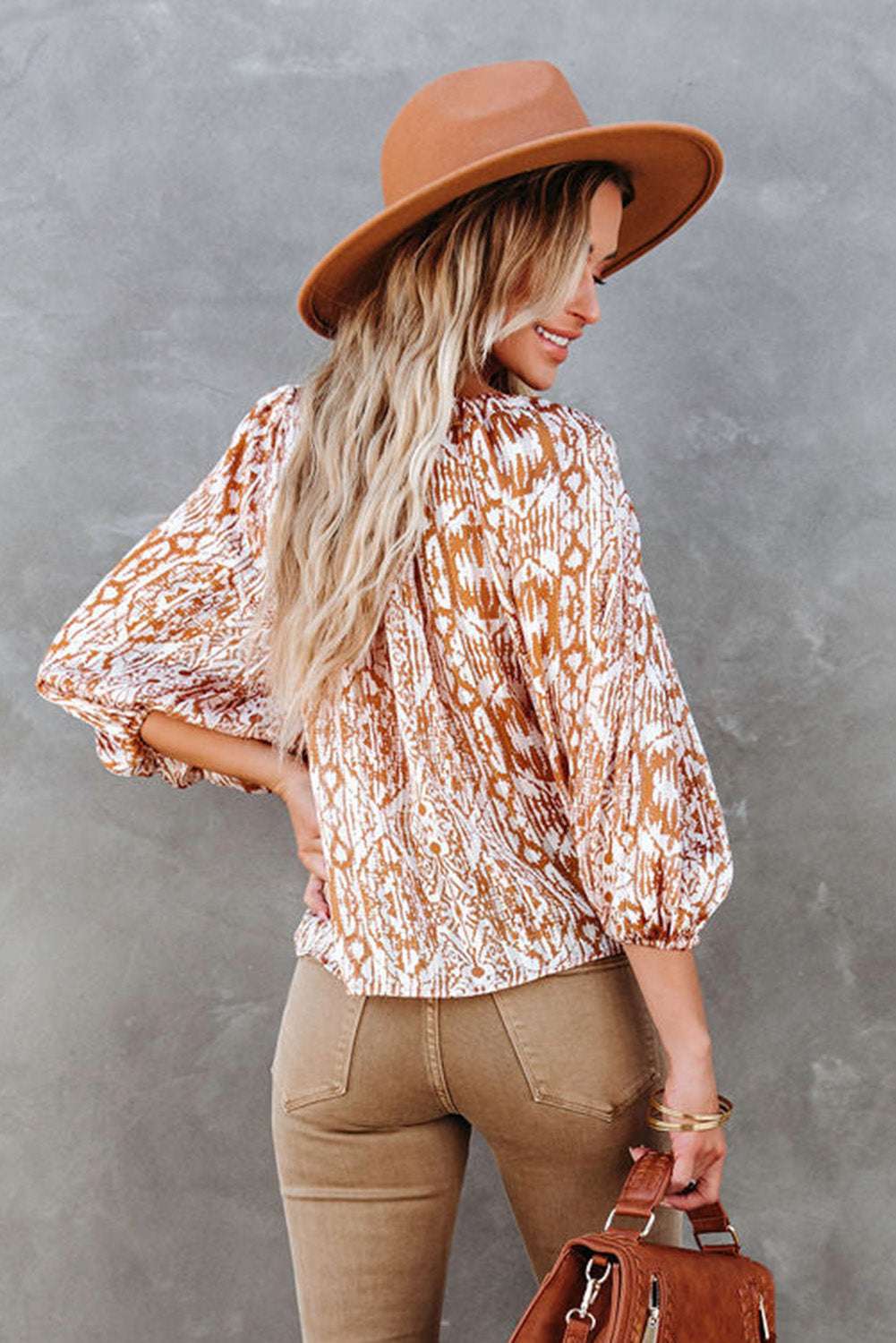 Boho Drawstring Neckline 3/4 Sleeve Blouse