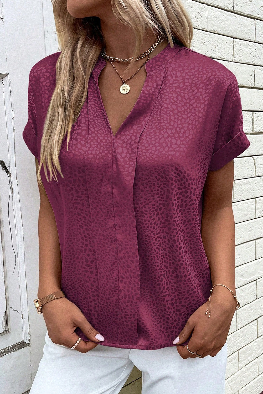 Leopard Print Rolled Sleeve V Neck Blouse