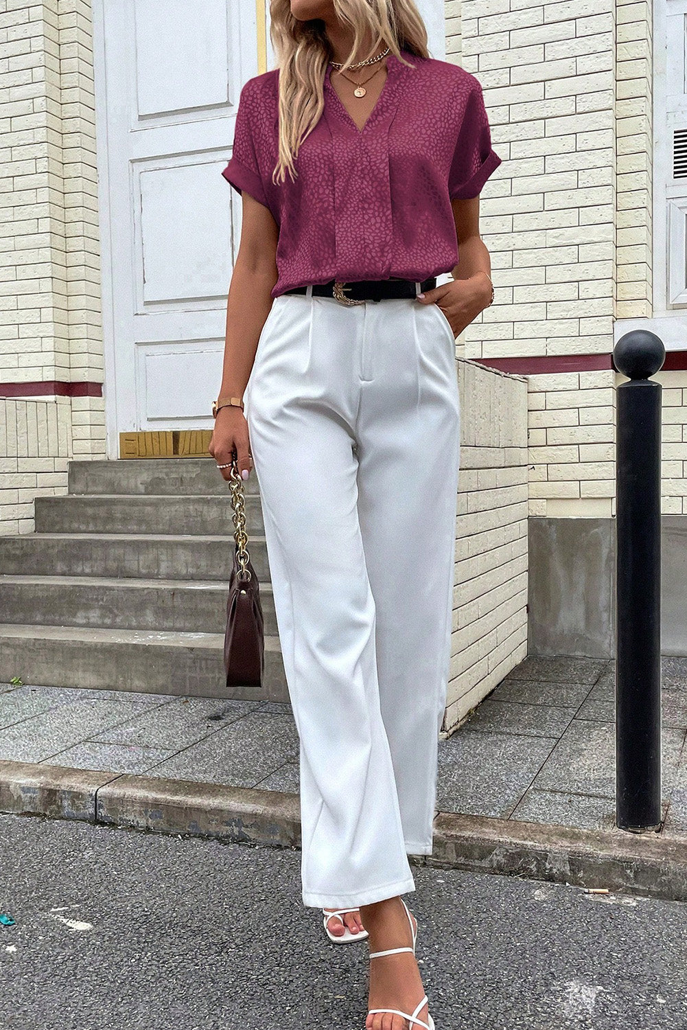 Leopard Print Rolled Sleeve V Neck Blouse