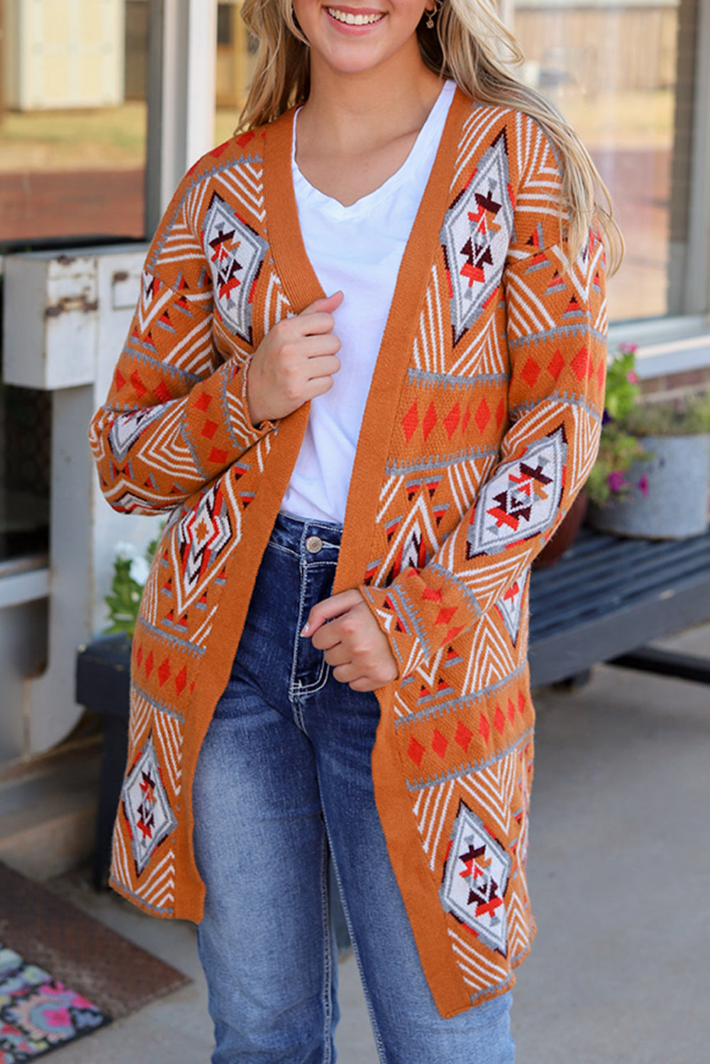 Brown Aztec Geometric Knit Open Front Cardigan