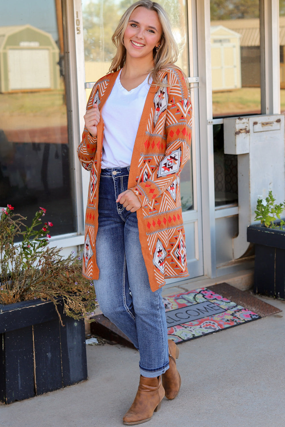 Brown Aztec Geometric Knit Open Front Cardigan