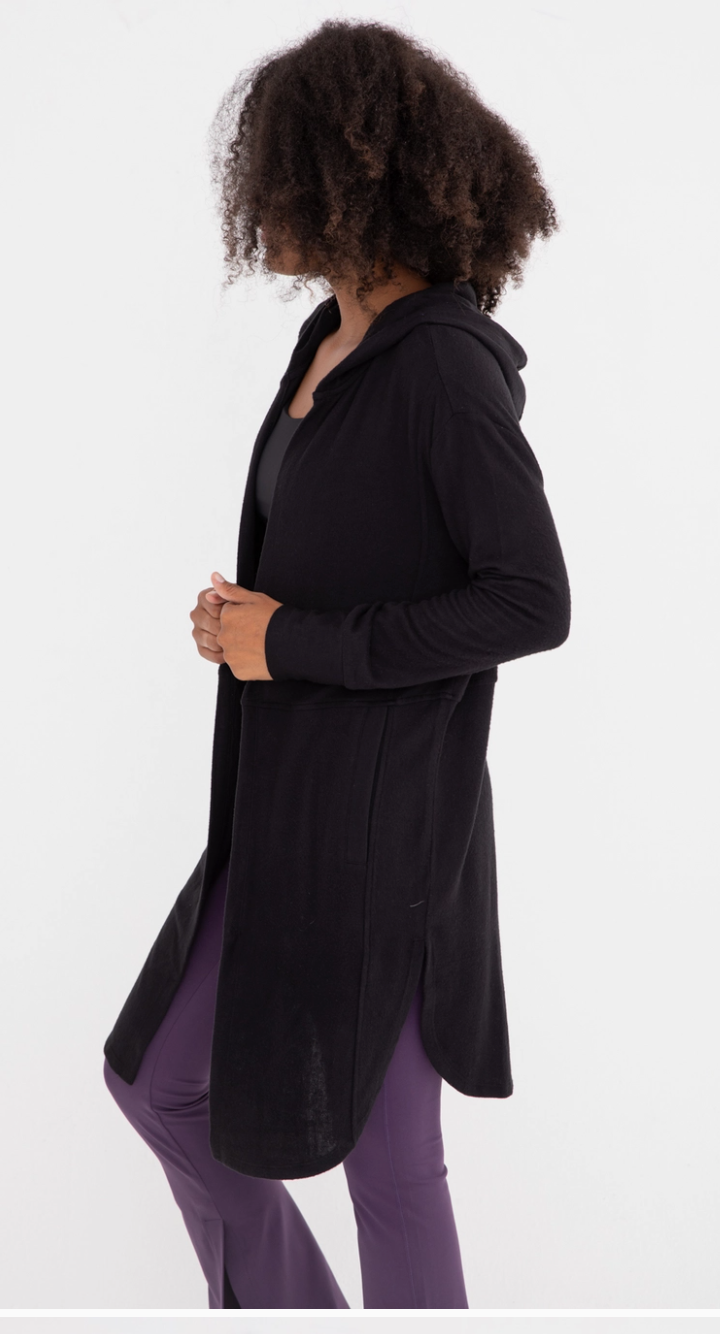 Black Open Front Hooded Cardigan