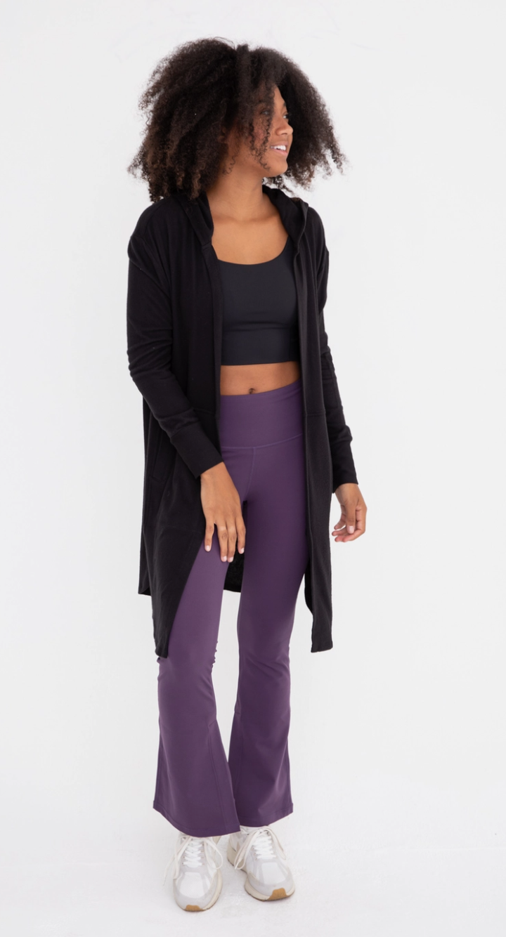 Black Open Front Hooded Cardigan