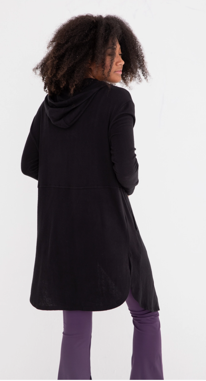 Black Open Front Hooded Cardigan