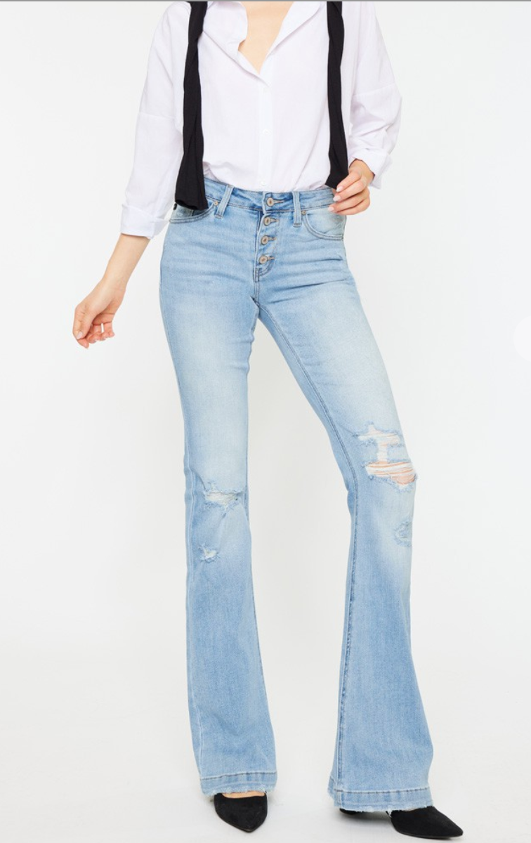 Kan Can MID RISE BUTTON UP DISTRESS FLARE JEANS LONG