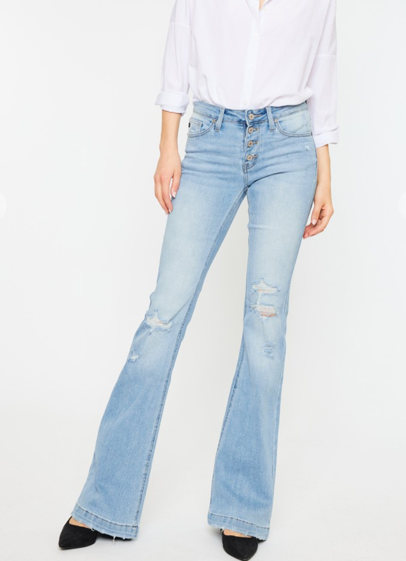 Kan Can MID RISE BUTTON UP DISTRESS FLARE JEANS LONG