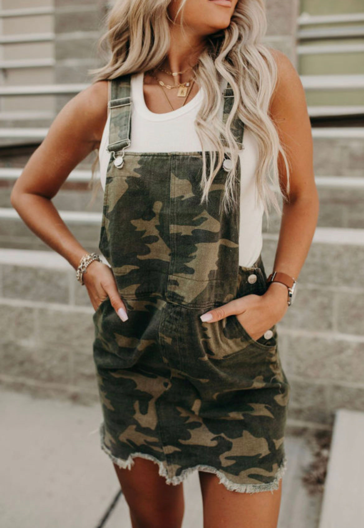 Camo Print Raw Hem Overall Dress