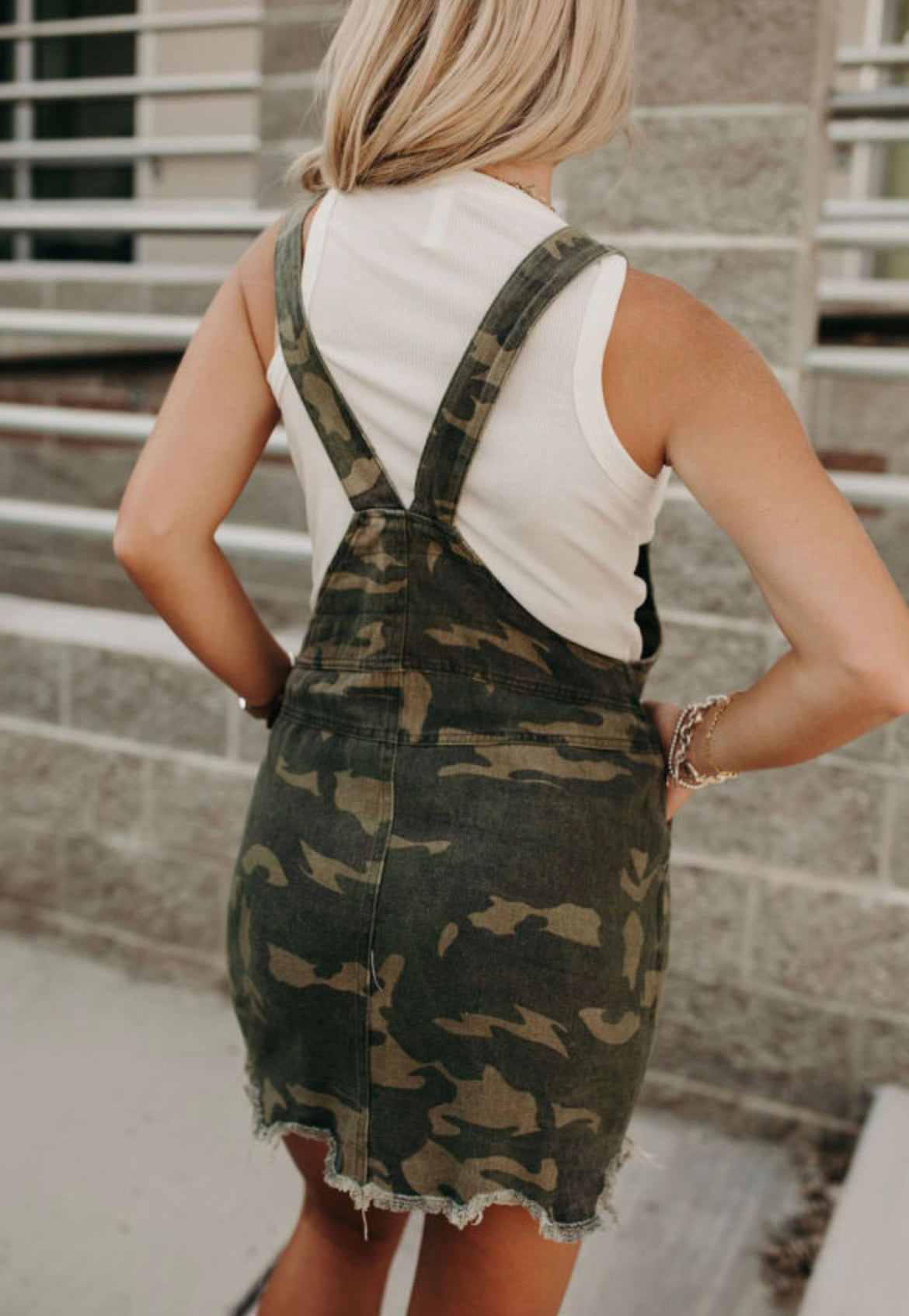 Camo Print Raw Hem Overall Dress