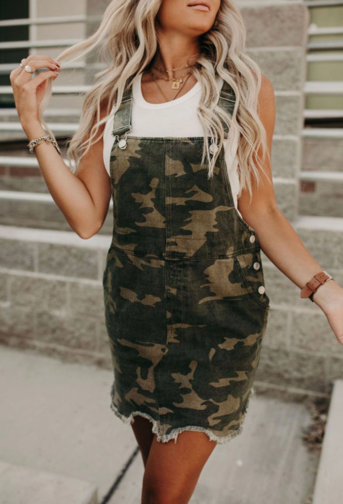 Camo Print Raw Hem Overall Dress