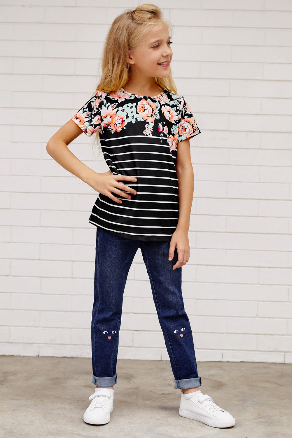 Black Round Neck Floral Striped Print Kid's Tee