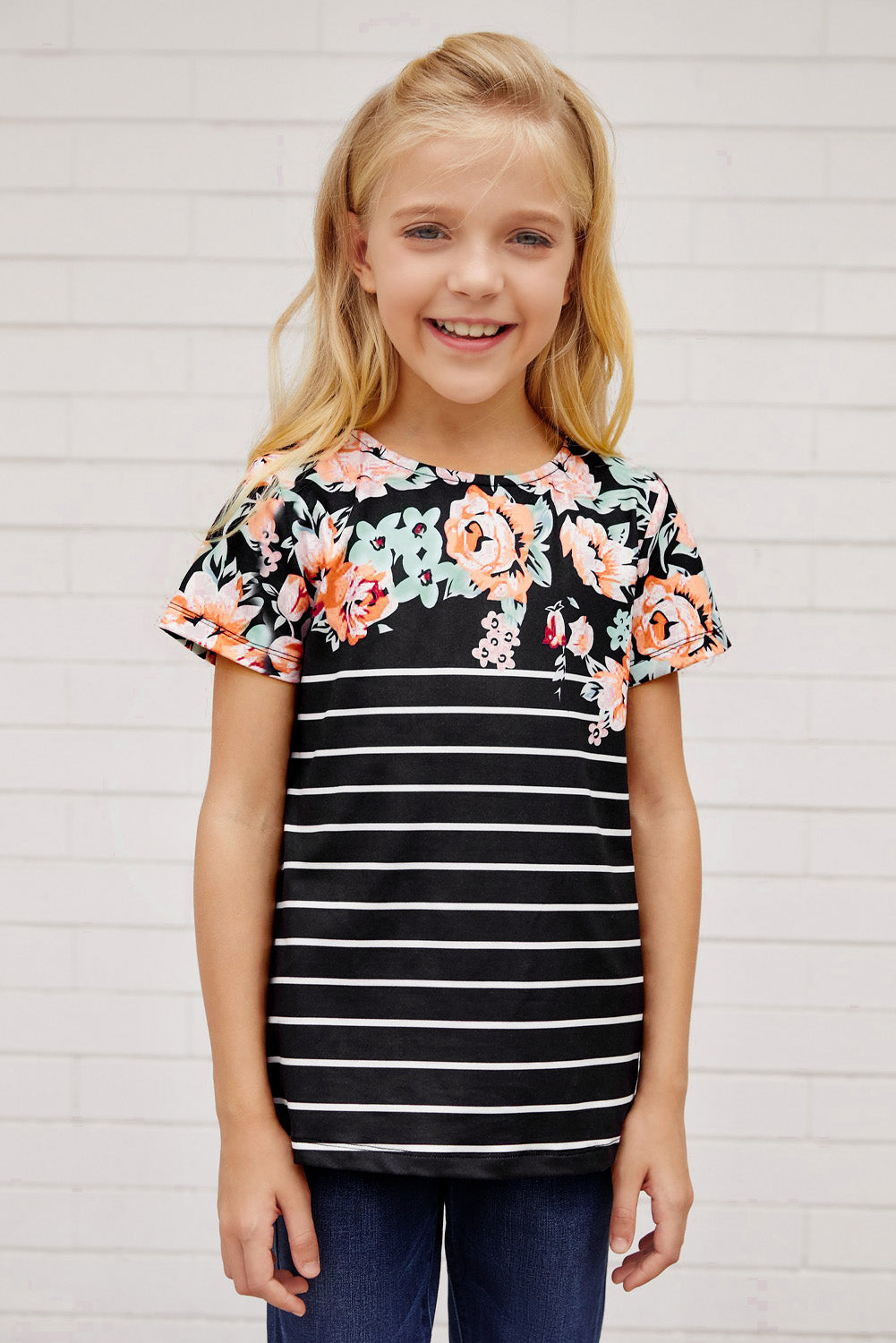 Black Round Neck Floral Striped Print Kid's Tee